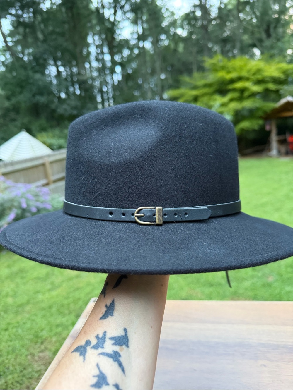 Gelso Bianco Black Wool Felt Fedora Hat Made in Italy Classic Wide Brim Buckle